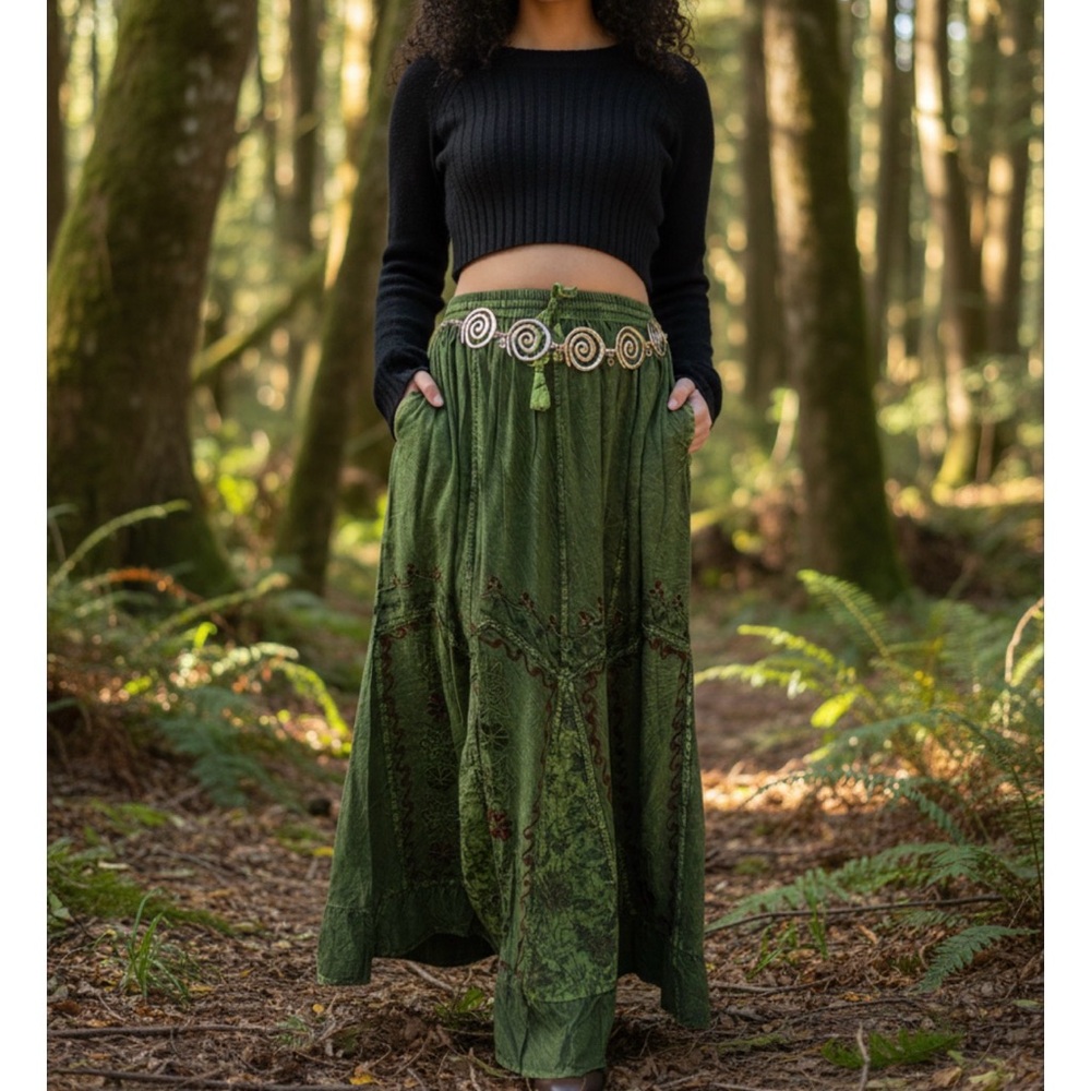 Chic Olive Maxi Skirt with Floral Accents - Picture 2 of 12